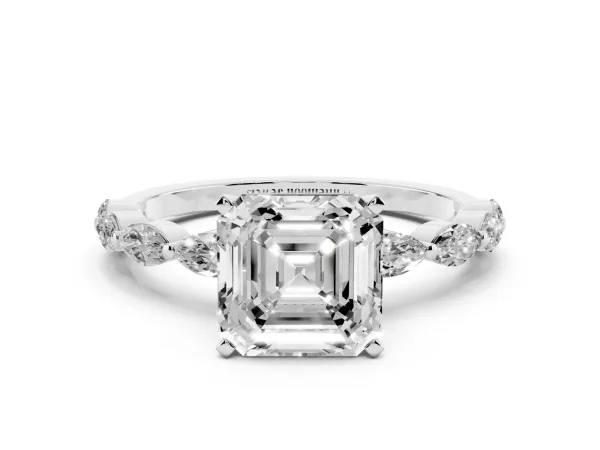 Asscher Cut Diamond Ring with Marquise Side Stones and Prong Setting White gold