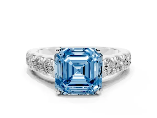 Fancy Blue Asscher Cut Cut Diamond Solitaire Ring with Micro Pave Band and Prong Setting Platinum
