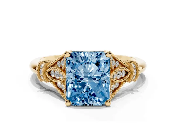 Fancy Blue Radiant Cut Diamond Solitaire Ring with Floral Filigree and Pave Accents Yellow gold