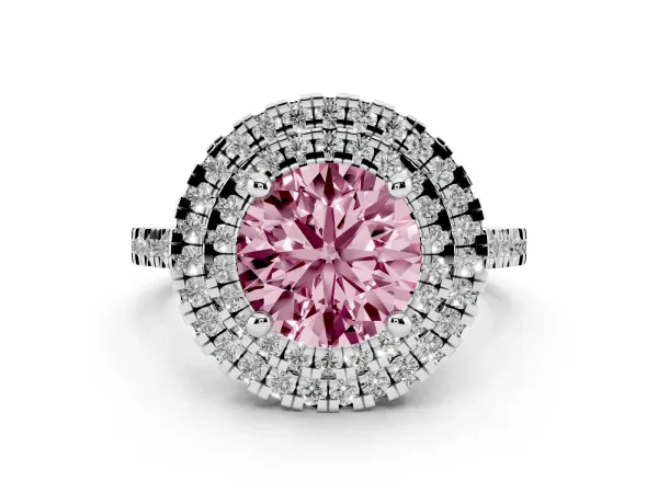 Fancy Pink Double Halo Round Cut Diamond Pavé Band with Four-Prong Setting Platinum