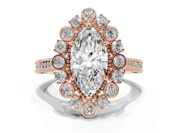 Marquise Cut Halo Milgrain Pave Diamond Ring with Four-Prong Setting Rose gold