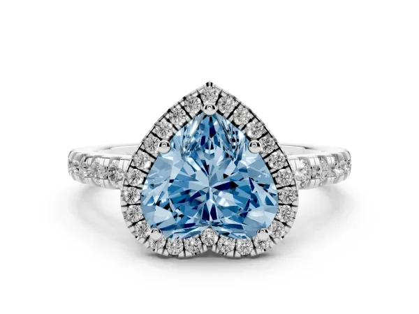 Fancy Blue Heart Cut Diamond Halo Ring with Pavé Band and Four-Prong Setting Platinum