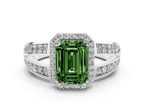 Fancy Green Emerald Cut Diamond Halo Ring with Split Shank Pavé Band and Four-Prong Setting Platinum