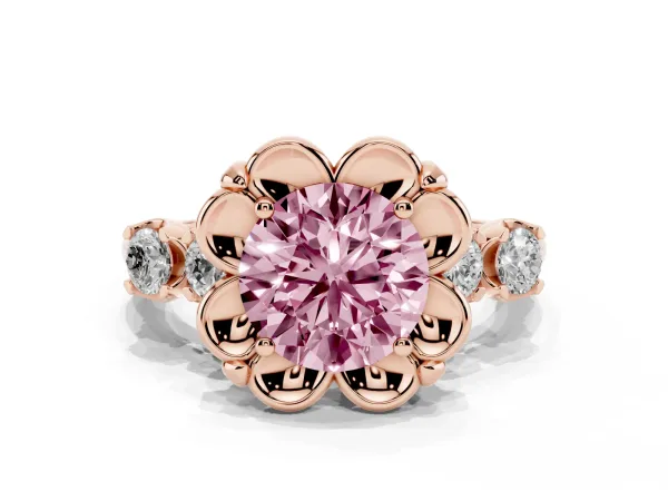 Fancy Pink Round Cut Cut Diamond Floral Halo Engagement Ring with Shared Prong Setting Rose gold