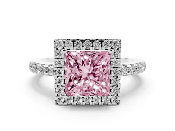 Fancy Pink Princess Cut Halo Diamond Engagement Ring with Pavé Band and Four-Prong Setting Platinum