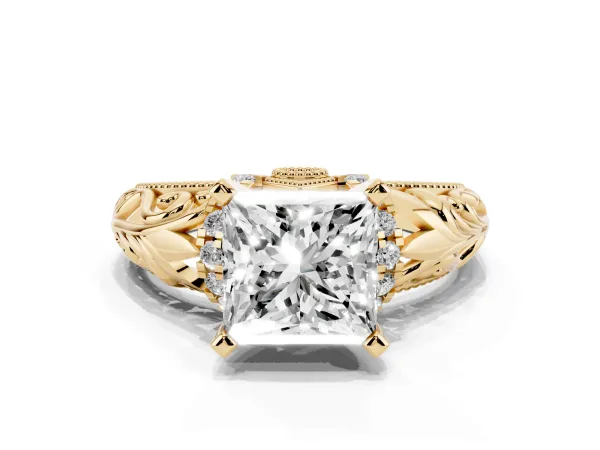 Princess Cut Solitaire Filigree Engagement Ring with Halo and Prong Setting Yellow gold