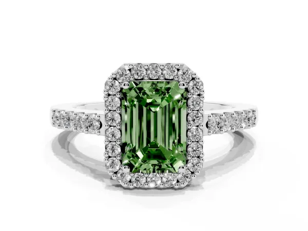 Fancy Green Emerald Cut Halo Diamond Pavé Solitaire Ring White gold