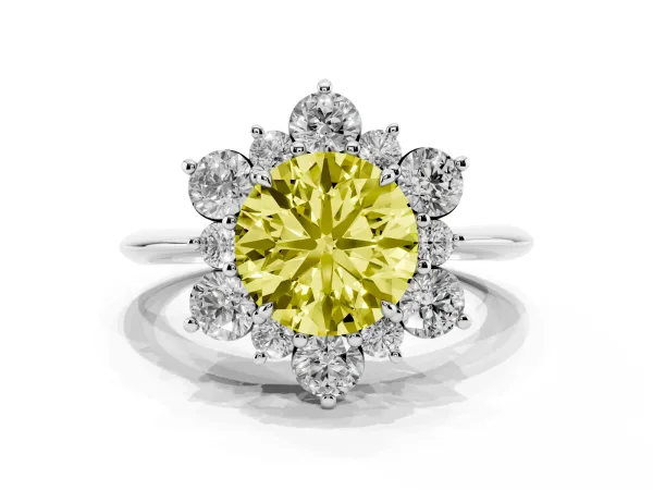 Fancy Yellow Round Cut Diamond Cluster Halo Ring with Solitaire Band and Four-Prong Setting Platinum