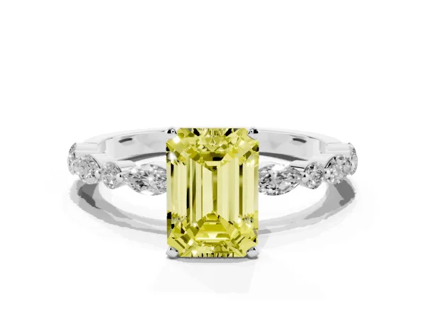 Fancy Yellow Emerald Cut Diamond Ring with Marquise and Round Side Stones and Four-Prong Setting Platinum