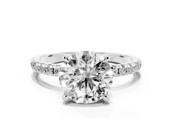 Round Cut Diamond Brilliant Solitaire Ring with Pavé Band and Four-Prong Setting White gold