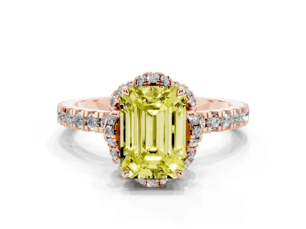 Fancy Yellow Emerald Cut Diamond Halo Pave Band with Four-Prong Setting Rose gold