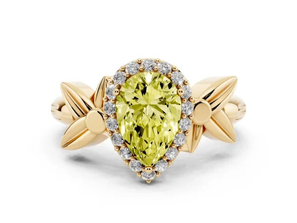 Fancy Yellow Pear Cut Halo Diamond Floral Band with Four-Prong Setting Yellow gold