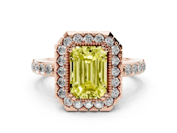 Fancy Yellow Emerald Cut Diamond Halo Ring with Pavé Band and Prong Setting Rose gold