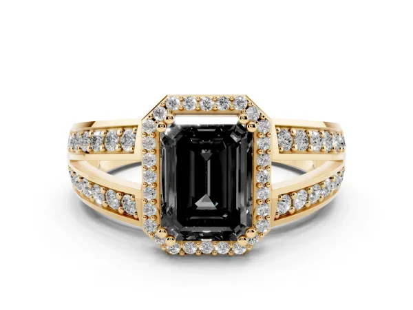 Fancy Black Emerald Cut Diamond Halo Ring with Split Shank Pavé Band and Four-Prong Setting Yellow gold