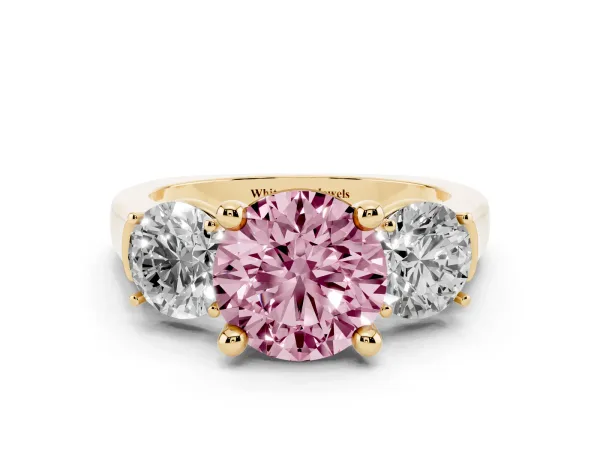 Fancy Pink Three-Stone Round Cut Brilliant Diamond Trellis Ring with Comfort Fit Band Yellow gold