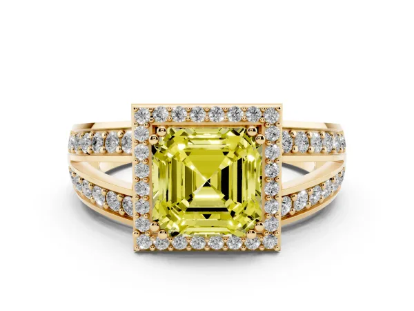 Fancy Yellow Asscher Cut Diamond Halo Ring with Split Shank Pavé Band and Four-Prong Setting Yellow gold