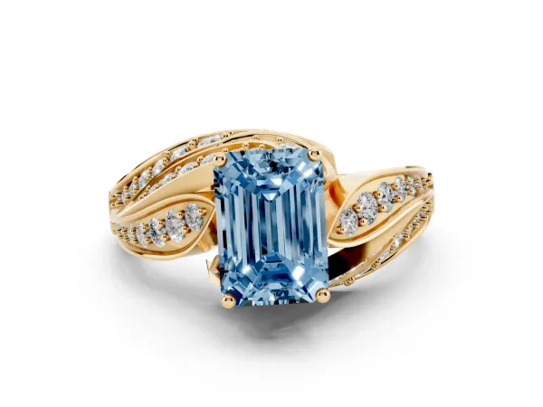 Fancy Blue Emerald Cut Diamond Solitaire Ring with Prong Setting and Twisted Pavé Band Yellow gold