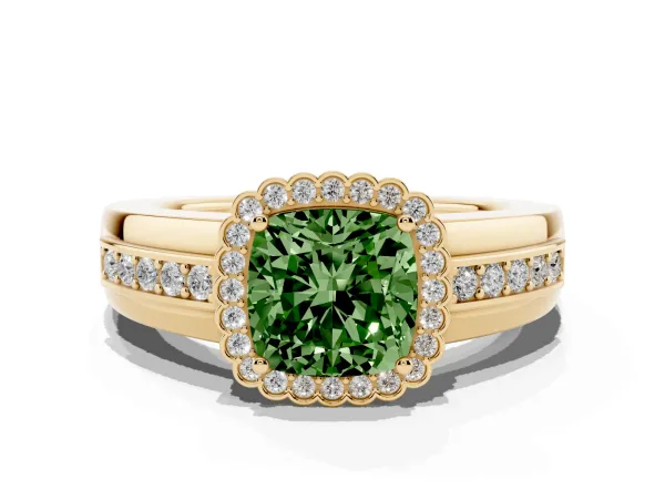 Fancy Green Cushion Cut Cut Halo Pave Band Four-Prong Ring Yellow gold