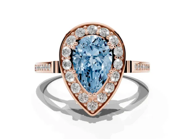 Fancy Blue Pear Cut Diamond Halo Ring with Split Shank and Four-Prong Setting Rose gold