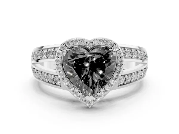Fancy Black Heart Cut Diamond Halo Ring with Split Shank Pavé Band and Four-Prong Setting Platinum