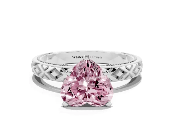 Fancy Pink Heart Cut Solitaire Diamond Ring with Milgrain and Black Enamel X Pattern Band Platinum