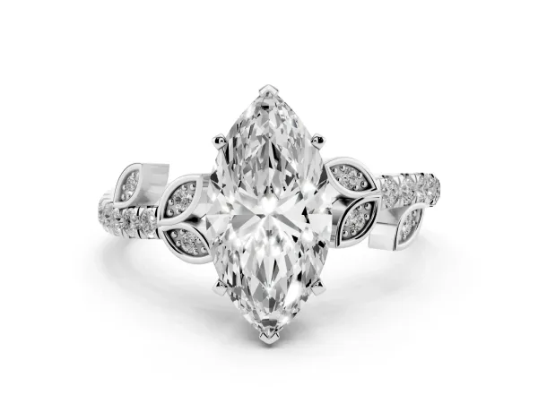 Marquise Cut Solitaire Leaf-Inspired Diamond Ring with Pavé Band and Four-Prong Setting Platinum