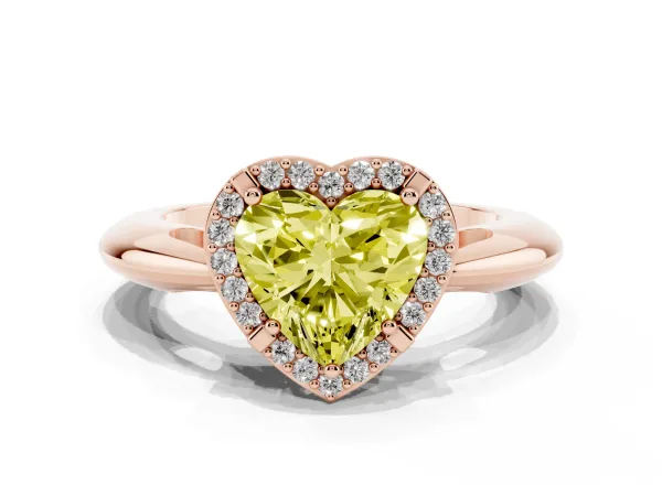 Fancy Yellow Heart Cut Cut Diamond Halo Engagement Ring with Split Shank and Four-Prong Setting Rose gold