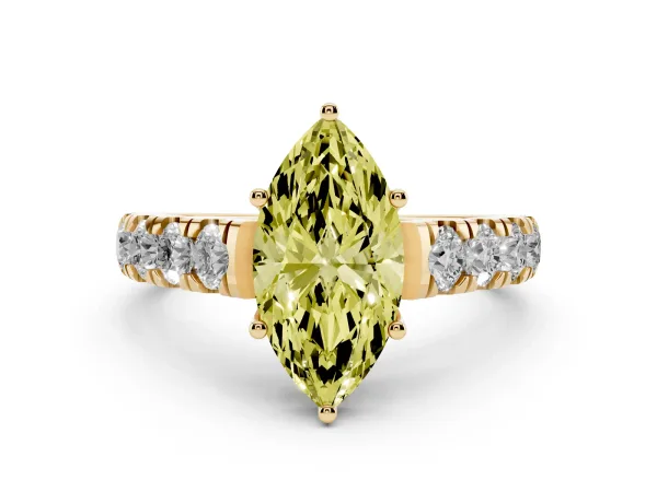 Fancy Yellow Marquise Cut Cut Diamond Solitaire Ring with Micro Pave Band and Prong Setting Yellow gold