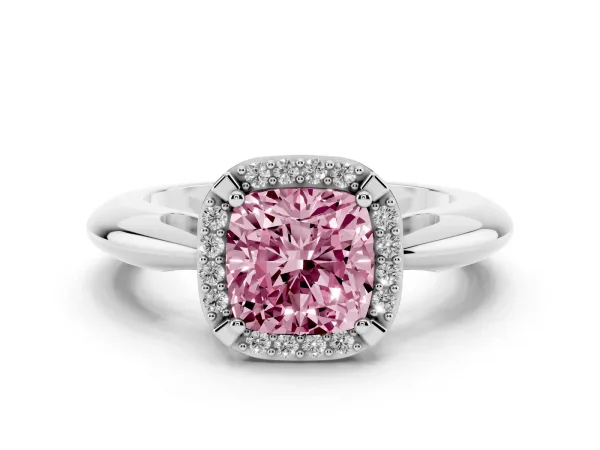 Fancy Pink Cushion Cut Cut Diamond Halo Engagement Ring with Split Shank and Four-Prong Setting White gold