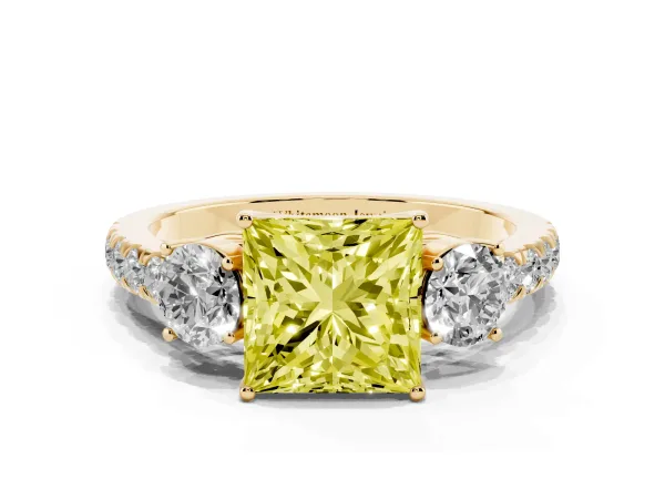 Fancy Yellow Princess Cut Cut Diamond Three-Stone Ring with Round Side Stones and Pavé Band Yellow gold