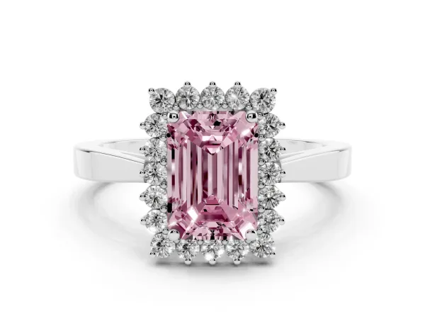 Fancy Pink Emerald Cut Cut Diamond Halo Ring with Round Brilliant Halo and Solitaire Band Platinum