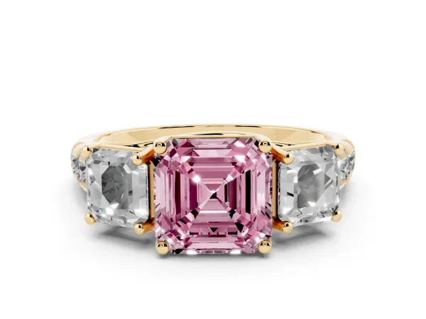 Fancy Pink Three-Stone Asscher Cut Diamond Pavé Band with Prong Setting Yellow gold
