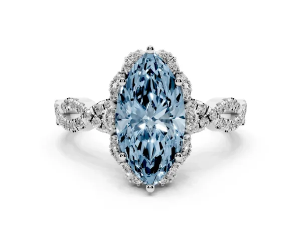 Fancy Blue Marquise Cut Halo Twist Band Solitaire Ring with Six-Prong Setting Platinum
