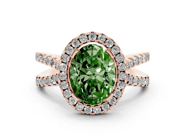 Fancy Green Oval Cut Diamond Halo Ring with Split Shank Pavé Band and Prong Setting Rose gold