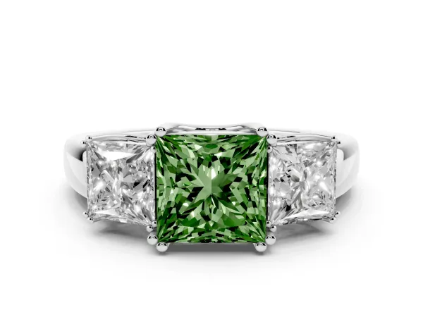 Fancy Green Three-Stone Princess Cut Cut Diamond Ring with Channel Set Band and Four-Prong Setting Platinum