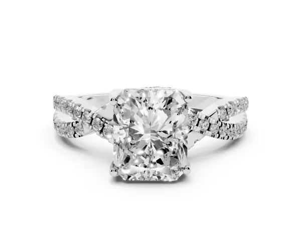 Radiant Cut Solitaire Twist Pave Diamond Engagement Ring with Prong Setting White gold