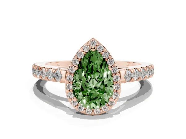 Fancy Green Pear Cut Cut Halo Diamond Engagement Ring with Pave Band and Four-Prong Setting Rose gold