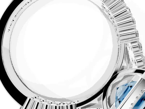 Fancy Blue Asscher Cut Diamond Halo Engagement Ring with Triple Row Round Pavé Band and Prong Setting White gold