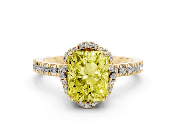 Fancy Yellow Radiant Cut Diamond Halo Pave Band with Four-Prong Setting Yellow gold