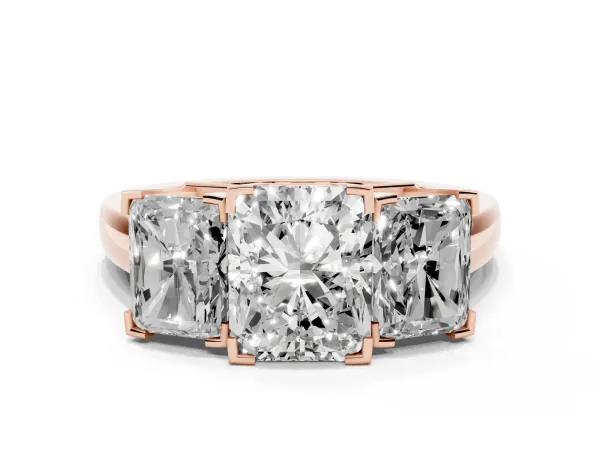 Three-Stone Radiant Cut Cut Diamond Ring with Channel Set Band and Four-Prong Setting Rose gold