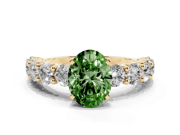 Fancy Green Oval Cut Diamond Prong Setting with Side Stones on a Pave Band Yellow gold