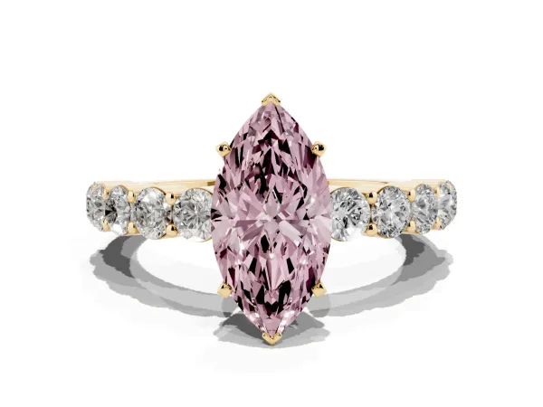 Fancy Pink Marquise Cut Diamond Solitaire Ring with Shared Prong Round Side Stones Yellow gold