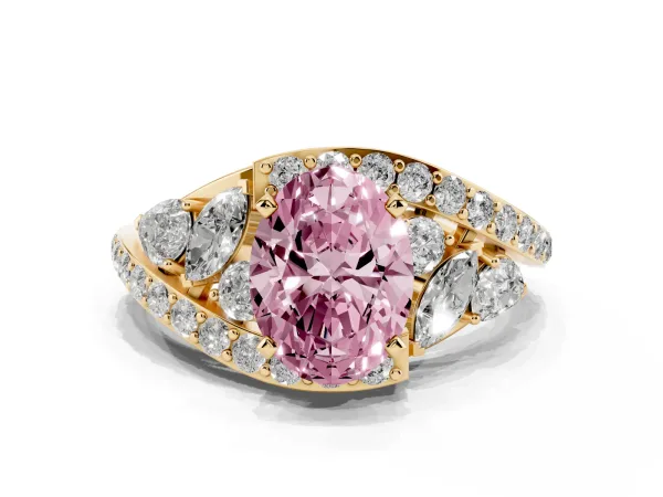 Fancy Pink Oval Cut Diamond Halo Ring with Marquise and Pavé Band in Prong Setting Yellow gold