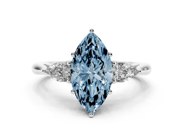 Fancy Blue Marquise Cut Diamond Three-Stone Ring with Pear Side Stones and Prong Setting White gold