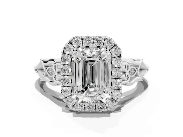 Emerald Cut Halo Diamond Engagement Ring with Filigree Band and Four-Prong Setting White gold