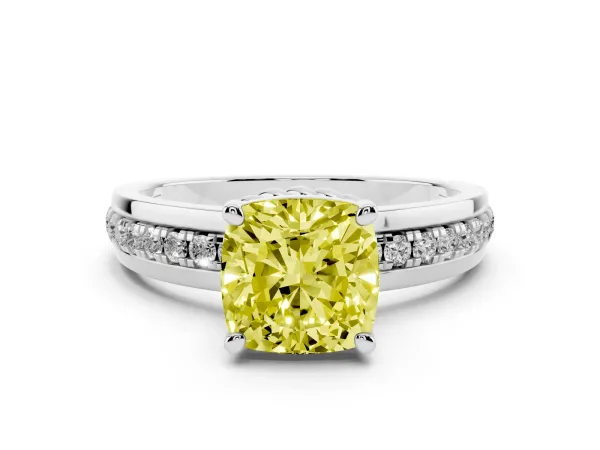 Fancy Yellow Cushion Cut Solitaire Diamond Ring with Channel Set Band and Six-Prong Setting White gold