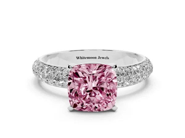 Fancy Pink Cushion Cut Diamond Solitaire Ring with Prong Setting and Pavé Band Platinum