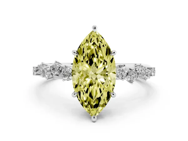 Fancy Yellow Marquise Cut Diamond Cluster Side Stone Solitaire Ring with Prong Setting Platinum