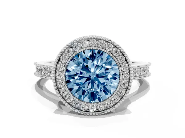Fancy Blue Halo Round Cut-Cut Diamond Pave Band Milgrain Prong Setting Ring Platinum
