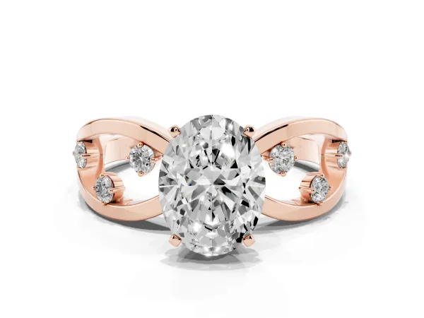 Oval Cut Cut Solitaire Diamond with Side Stones on Criss-Cross Band and Four-Prong Setting Rose gold